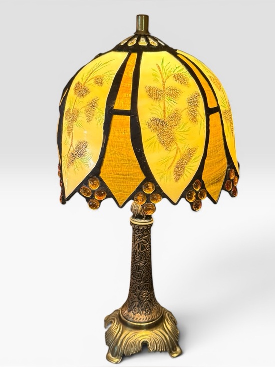Other - Slag glass table lamp/“pinecone"/“woodland" motif Signed by T. Sheridan